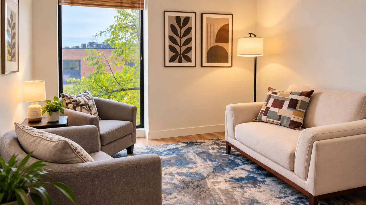 A bright therapy room with a large window, cream sofa and two armchairs.
